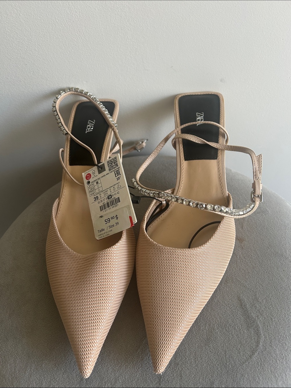 Zara Nude Pointed Toe Slingback Heels with Crystal Strap